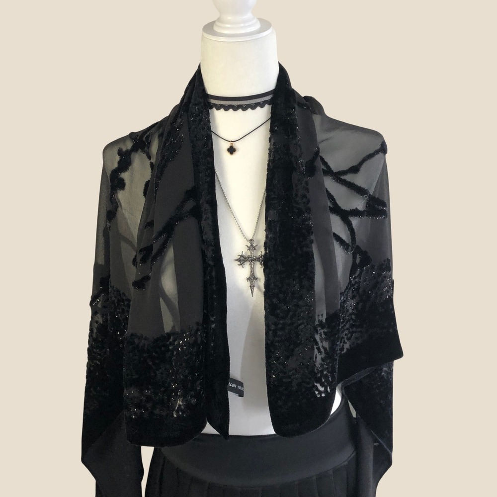 Vintage 90s Ellen Tracy Silk Devore Burnout Velvet Scarf Wrap Black Sheer
